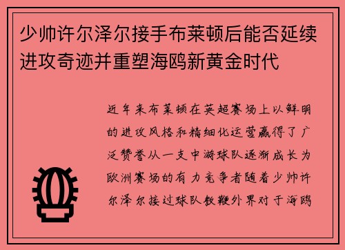 少帅许尔泽尔接手布莱顿后能否延续进攻奇迹并重塑海鸥新黄金时代